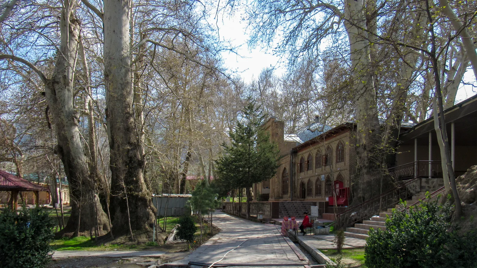 Ancient plane trees and buildings at Chor Chinor in Urgut, Uzbekistan
